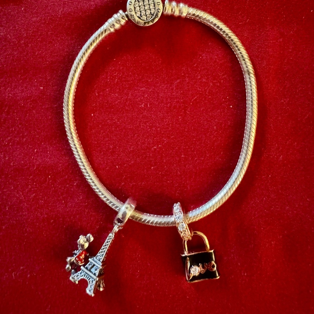 Pandora Silver Charm Bracelet with Eiffel Tower and Purse Charms